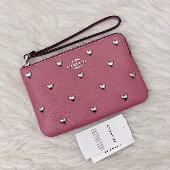 Coach Handbags - NWT Coach Corner Zip Wristlet With Heart Rivets CDF06 In Silver/Peony